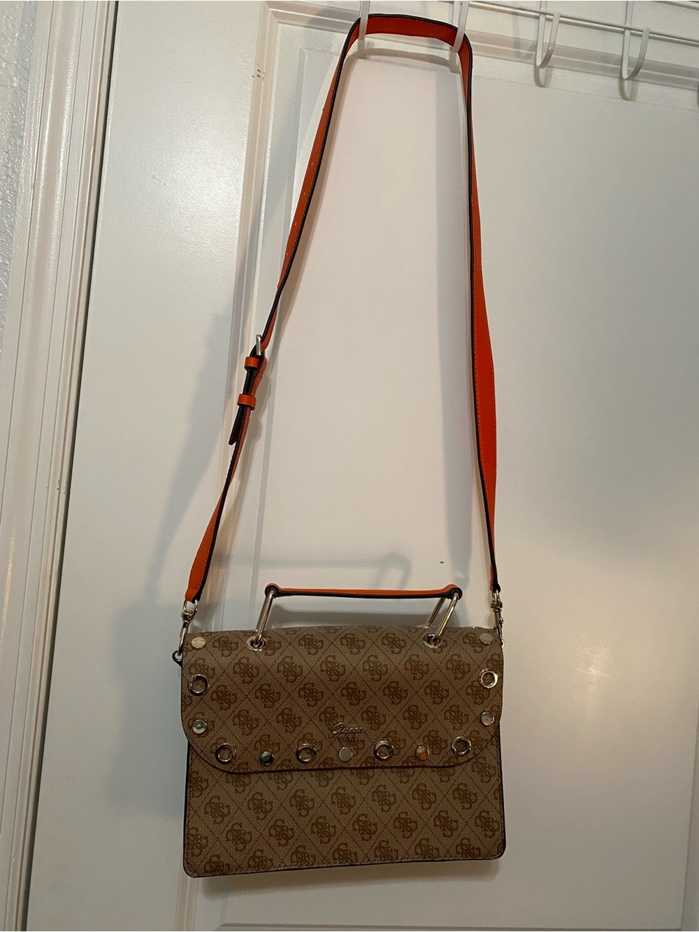 Guess Monogram Crossbody Bag in Brown with Orange Strap